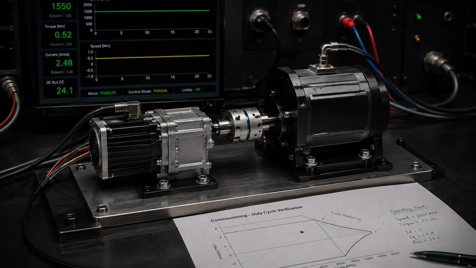 Geared drive on a dynamometer with live HMI readouts and a duty-cycle test report