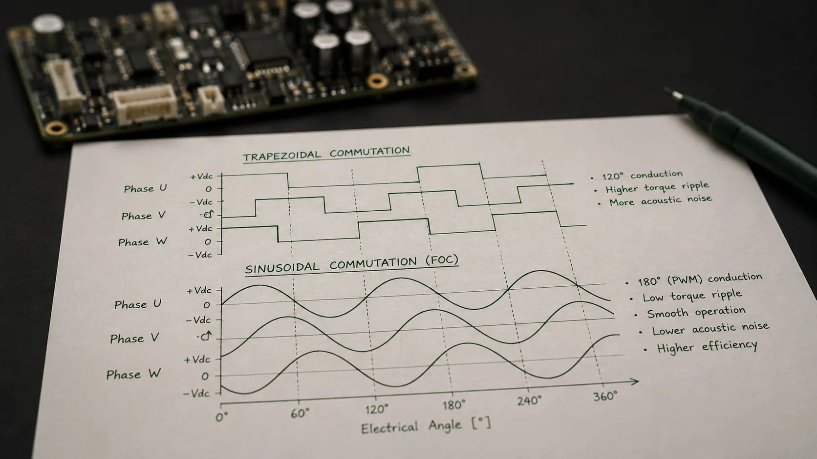 Hand-drawn comparison of trapezoidal and sinusoidal commutation waveforms