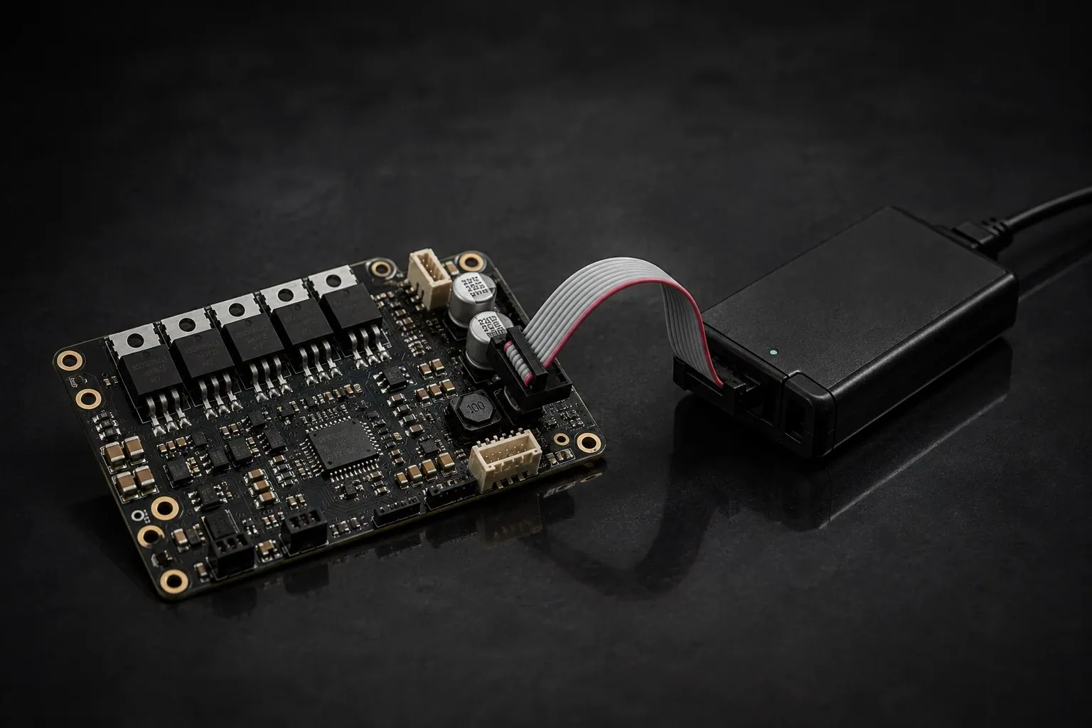 Controller PCB with a debug adapter attached via ribbon cable