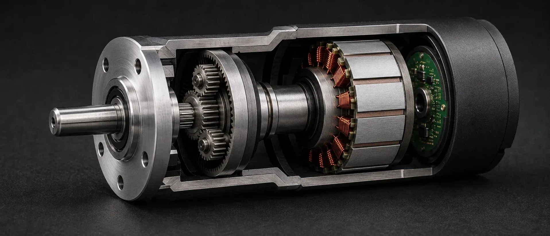 Cutaway of a compact drive showing motor, gearbox and electronics integrated in one housing
