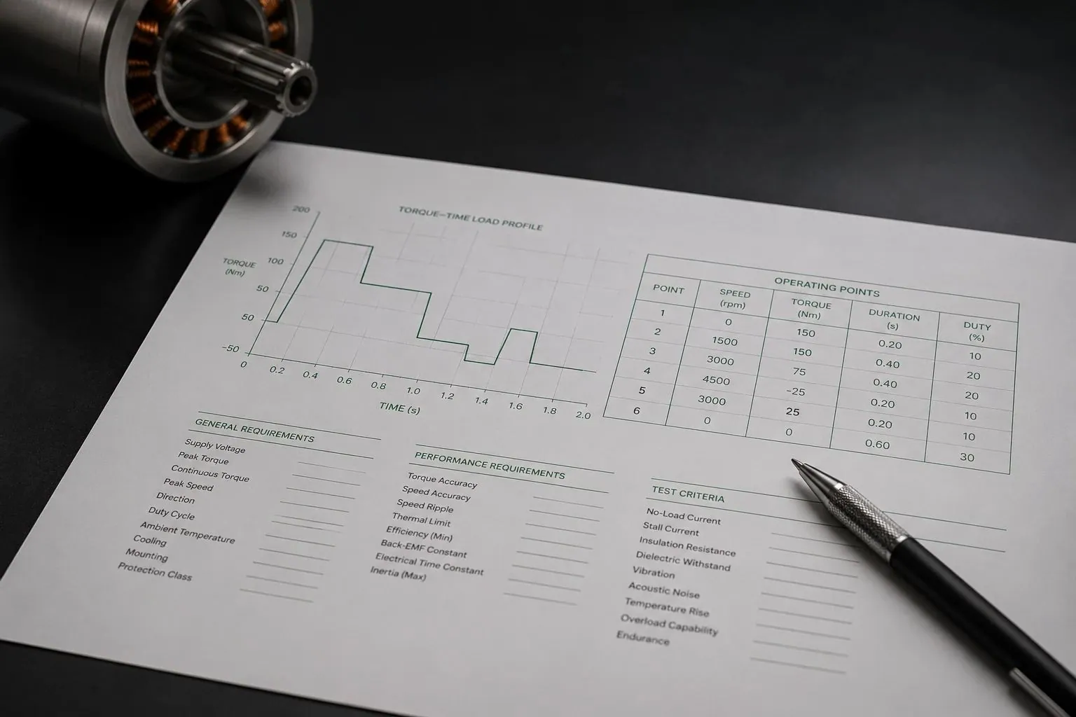 Printed requirements specification with a torque-time load profile, operating points and test criteria