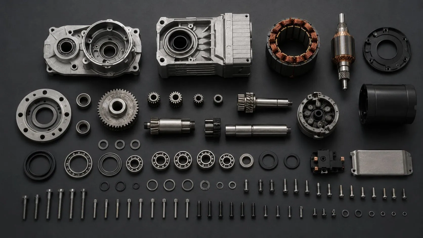 Complete teardown of a compact geared drive, every part laid out in a grid