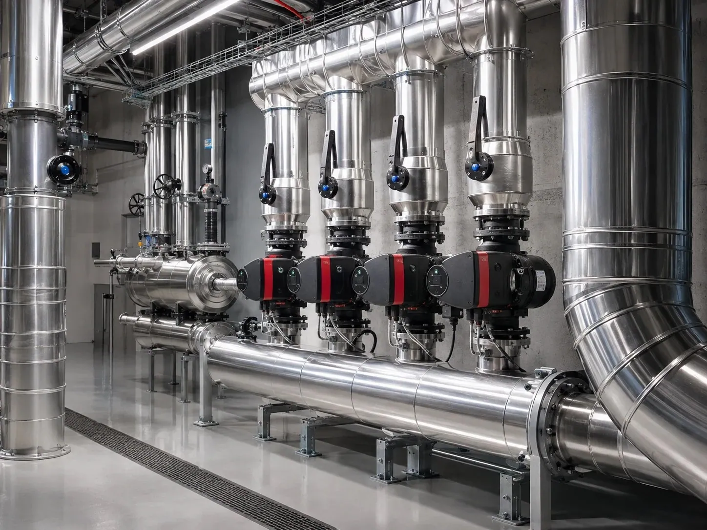 Row of circulation pumps and actuated valves on insulated pipework in a plant room