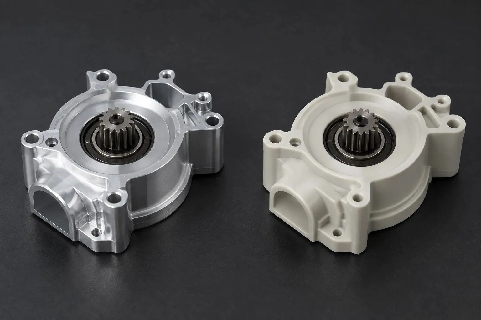 The same gear housing twice — machined aluminium and moulded polymer