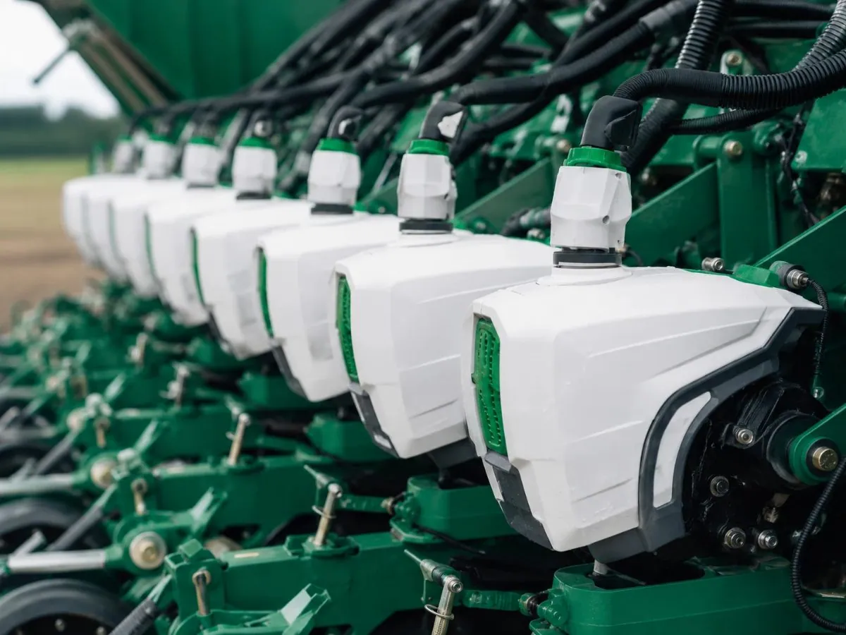 Row of precision seeding units on an agricultural planter