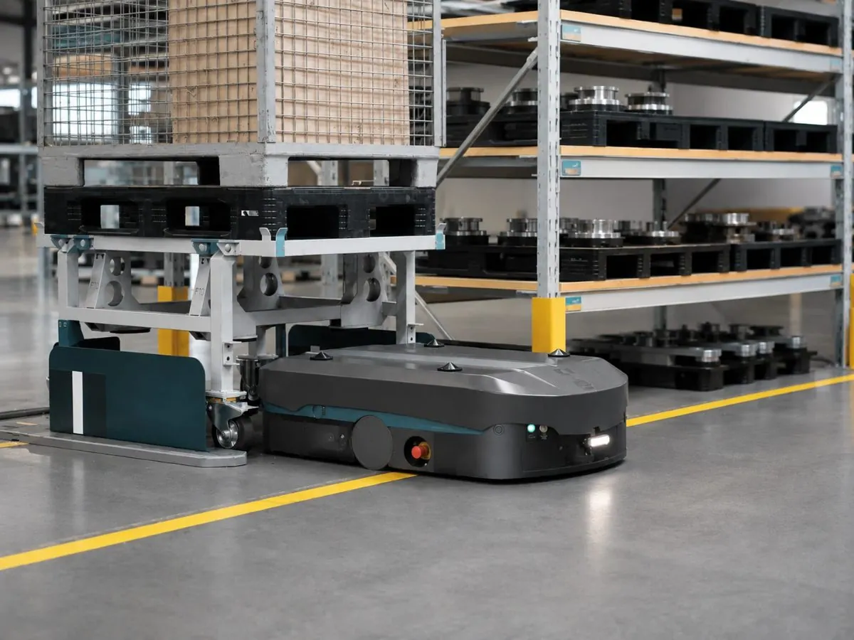 Low-profile AGV picking up a pallet rack in a warehouse aisle