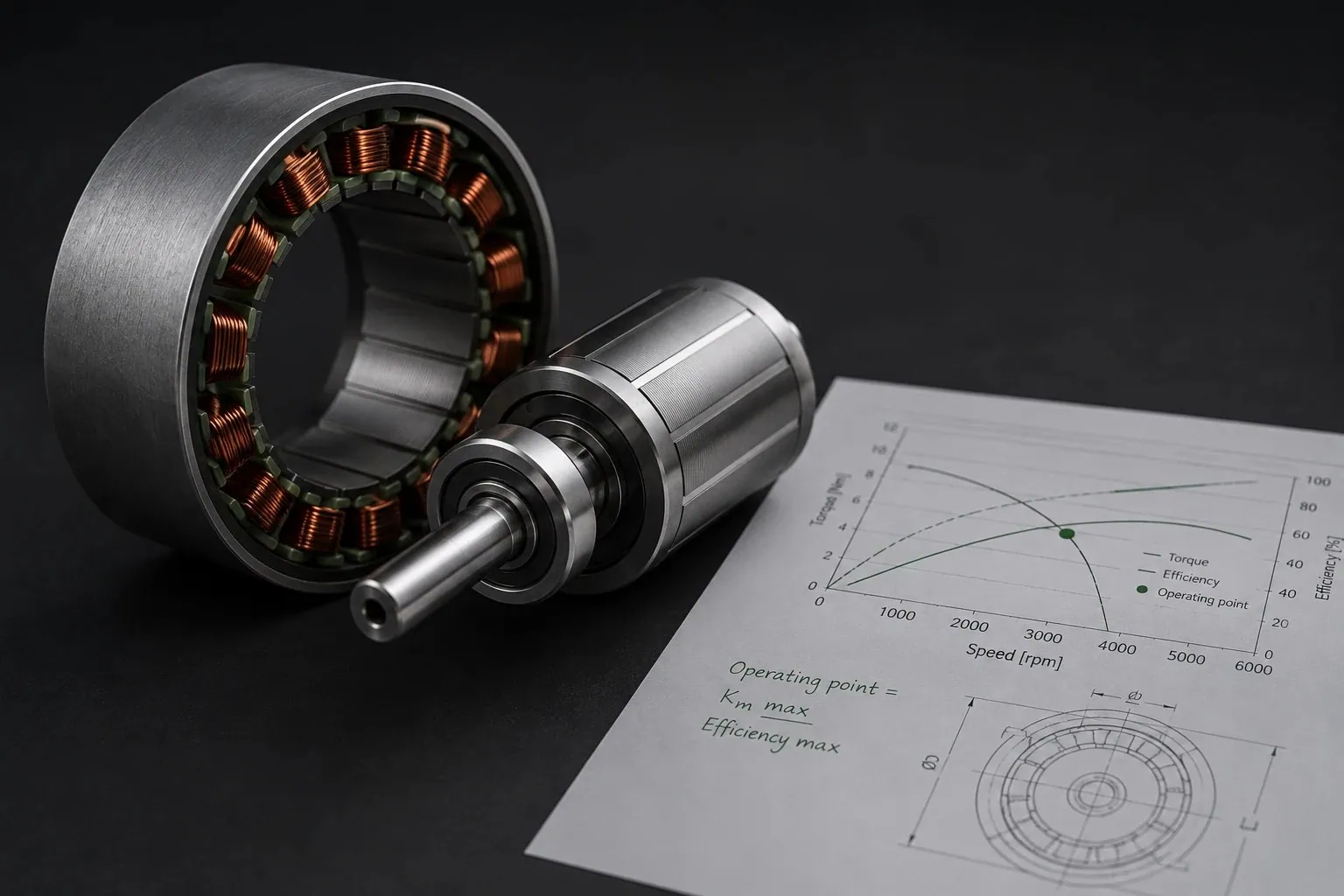 Stator and rotor beside a printed torque-speed chart with the operating point marked