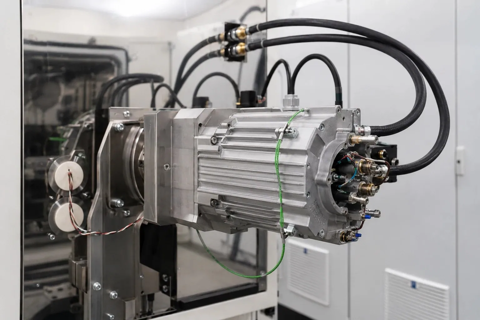 Motor in a finned aluminium housing mounted on a test bench with sensor wiring
