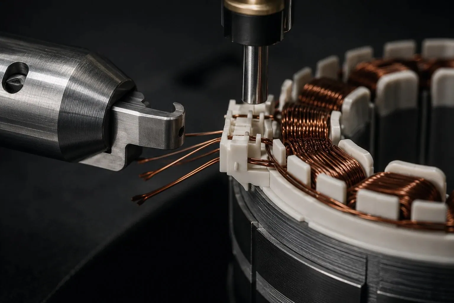 Needle-winding nozzle winding copper wire onto a stator tooth