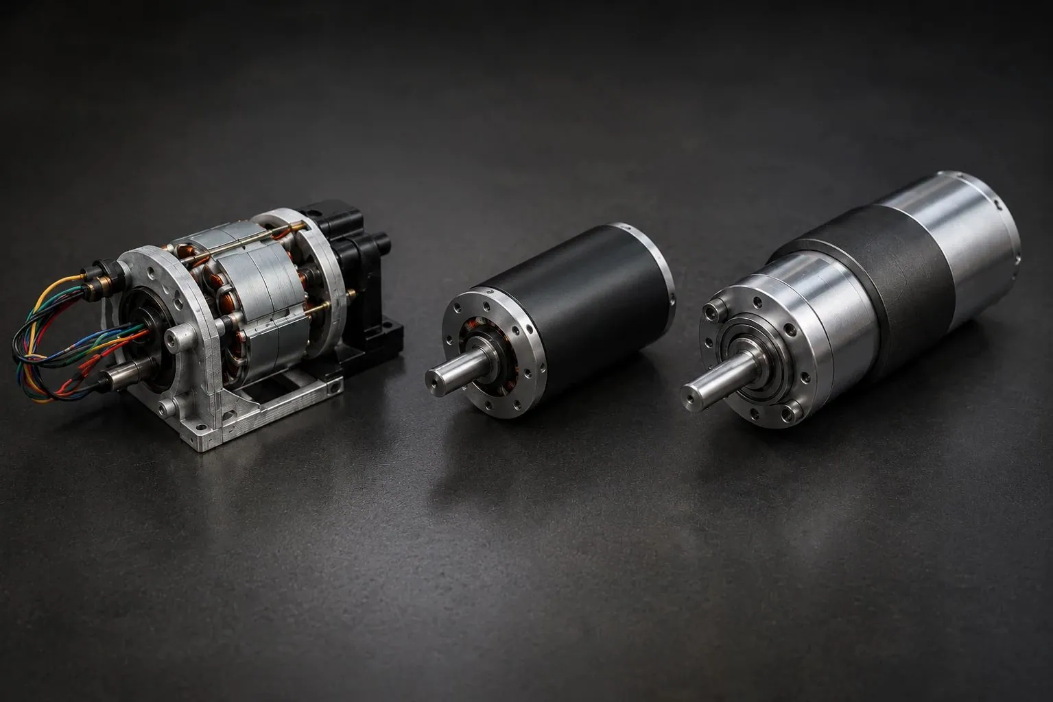 Three prototype iterations of a compact drive, from open first build to refined unit