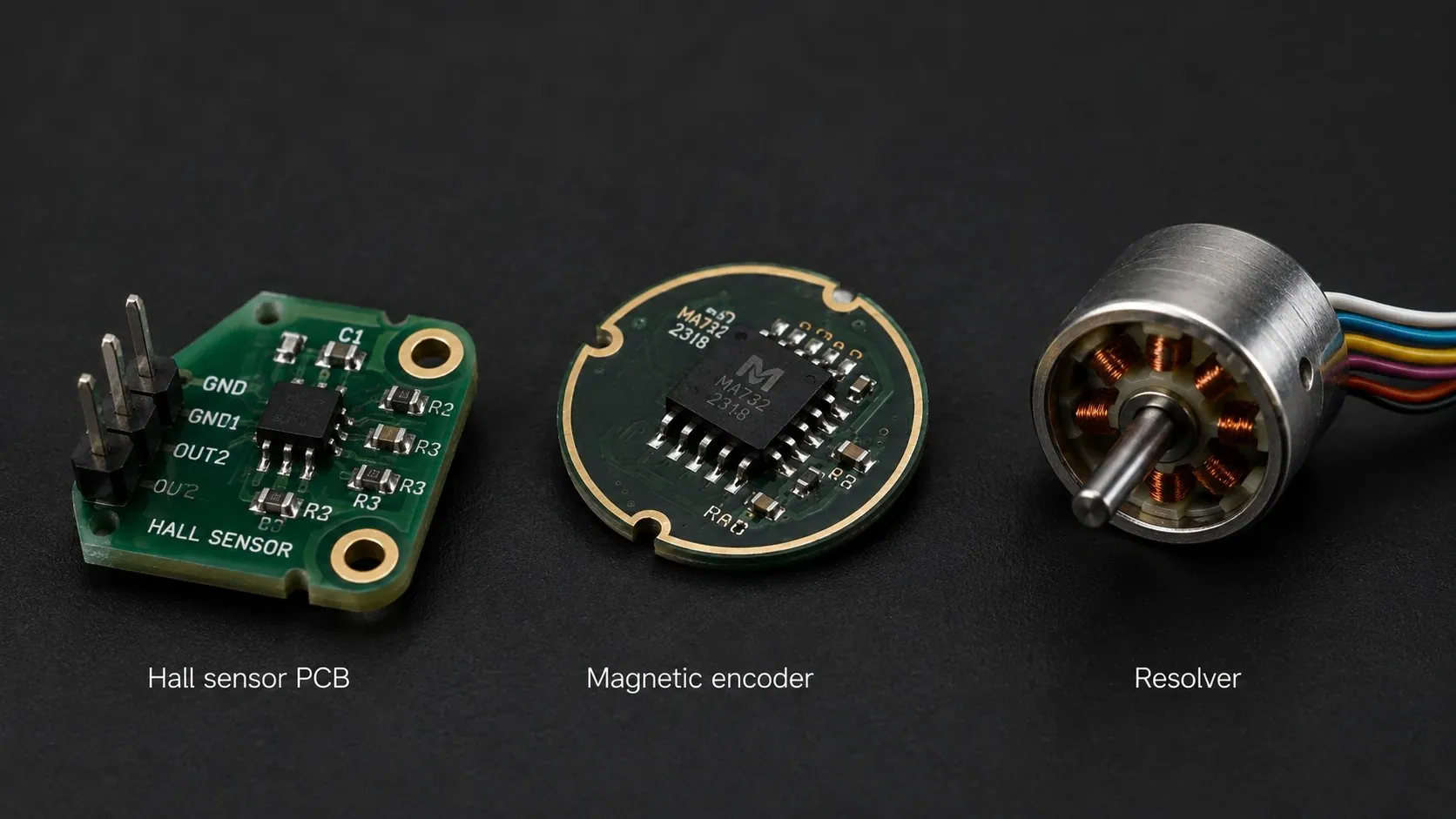 Hall sensor PCB, magnetic encoder board and resolver side by side
