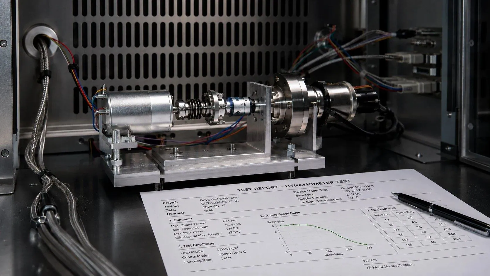 Motor on a measurement bench beside a printed dynamometer test report