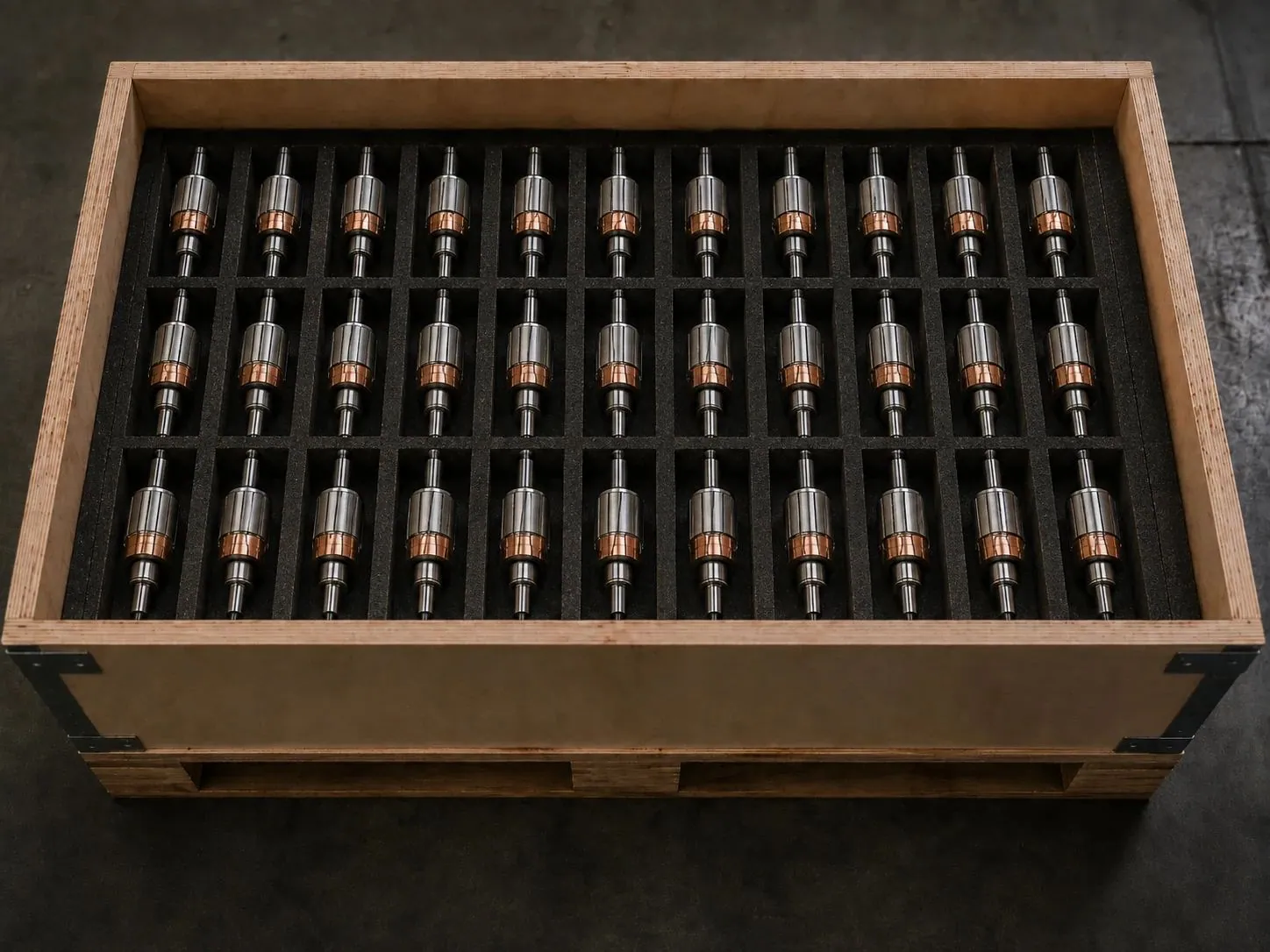 Drive components packed in foam inlays inside a plywood export crate