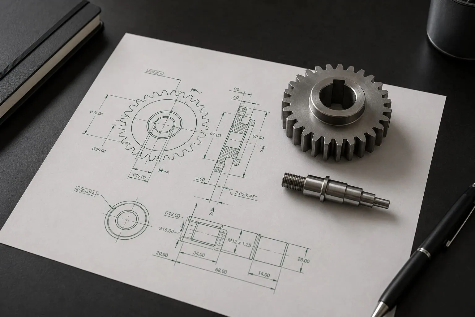 Machined gear and shaft on a dimensioned engineering drawing
