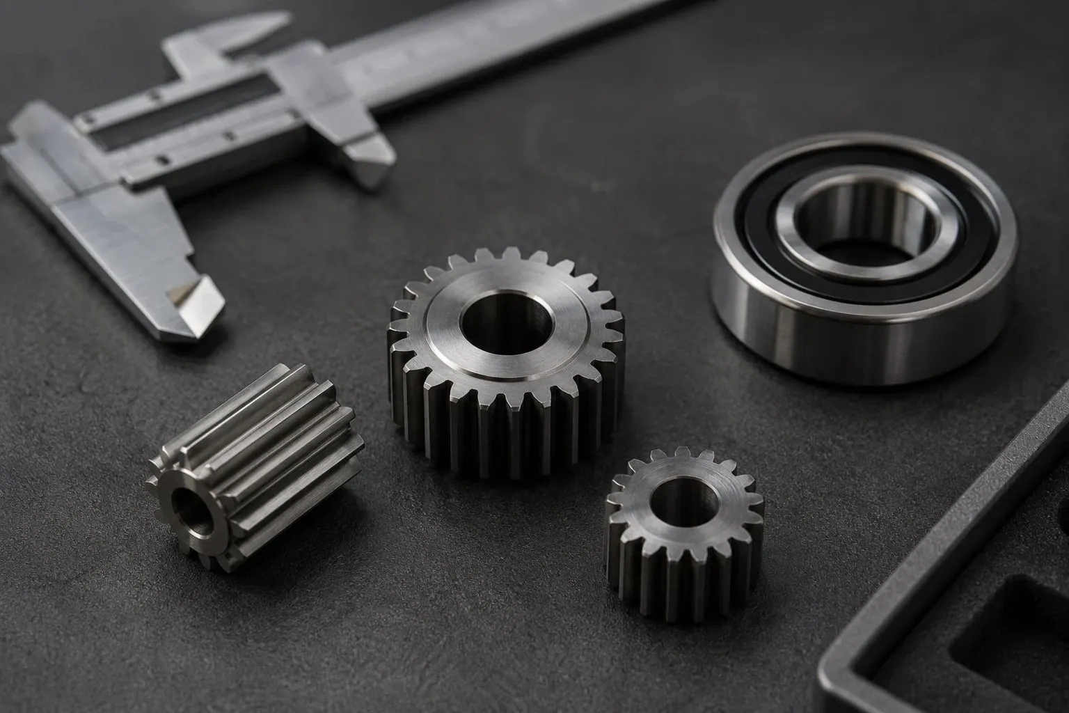 Sample gears beside a vernier caliper on a dark surface